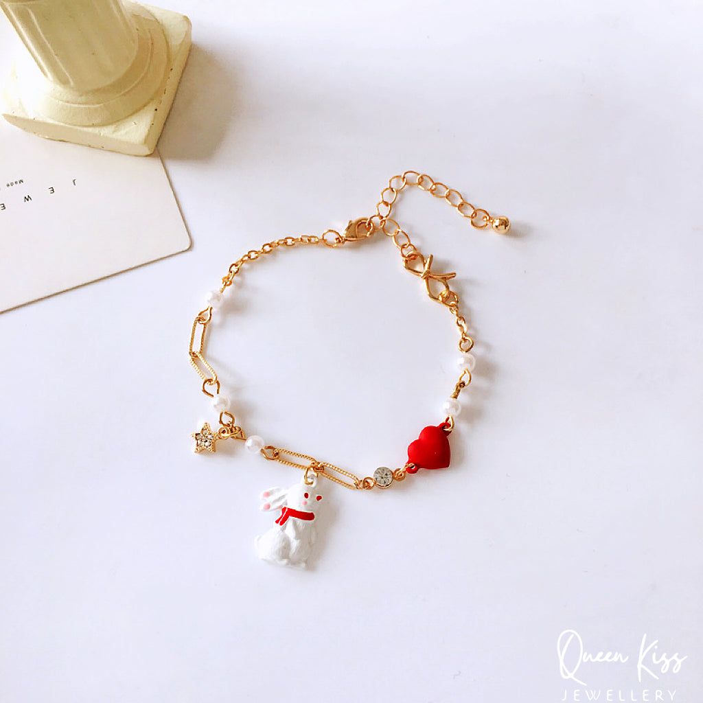 Cute Adorable Princess Theme Bracelet Rabbit Bunny Red Heart Star Pearl Adjustable Length Lovely Bracelet - Bunny You And Me!