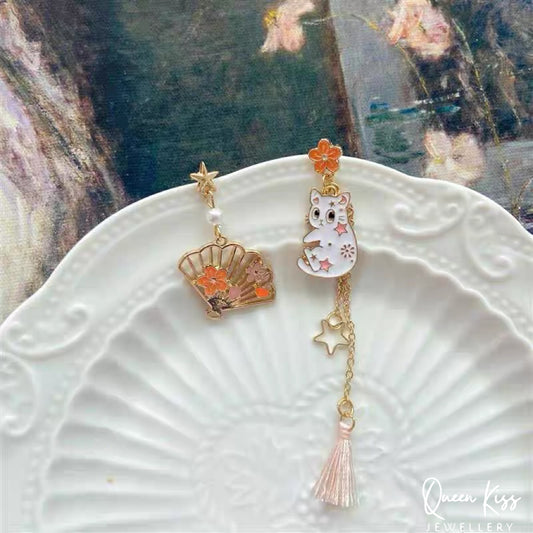 Super Cute Kitty Cat And Fan Flower Star Earrings -- When She Smiles!!