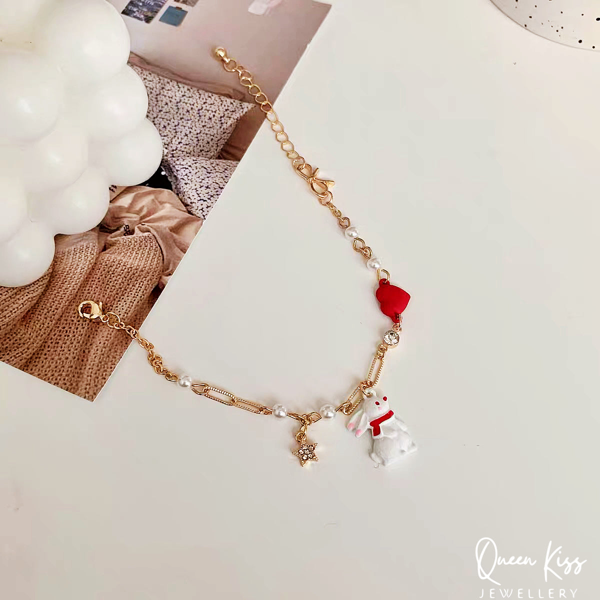 Cute Adorable Princess Theme Bracelet Rabbit Bunny Red Heart Star Pearl Adjustable Length Lovely Bracelet - Bunny You And Me!