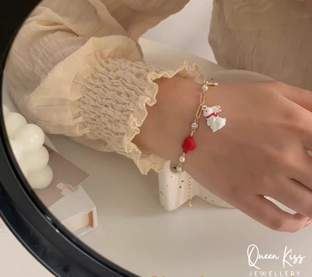 Cute Adorable Princess Theme Bracelet Rabbit Bunny Red Heart Star Pearl Adjustable Length Lovely Bracelet - Bunny You And Me!