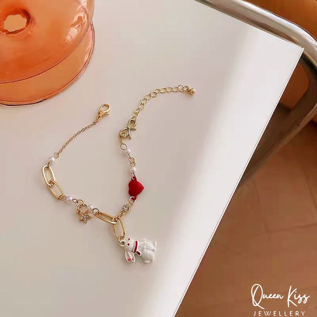 Cute Adorable Princess Theme Bracelet Rabbit Bunny Red Heart Star Pearl Adjustable Length Lovely Bracelet - Bunny You And Me!