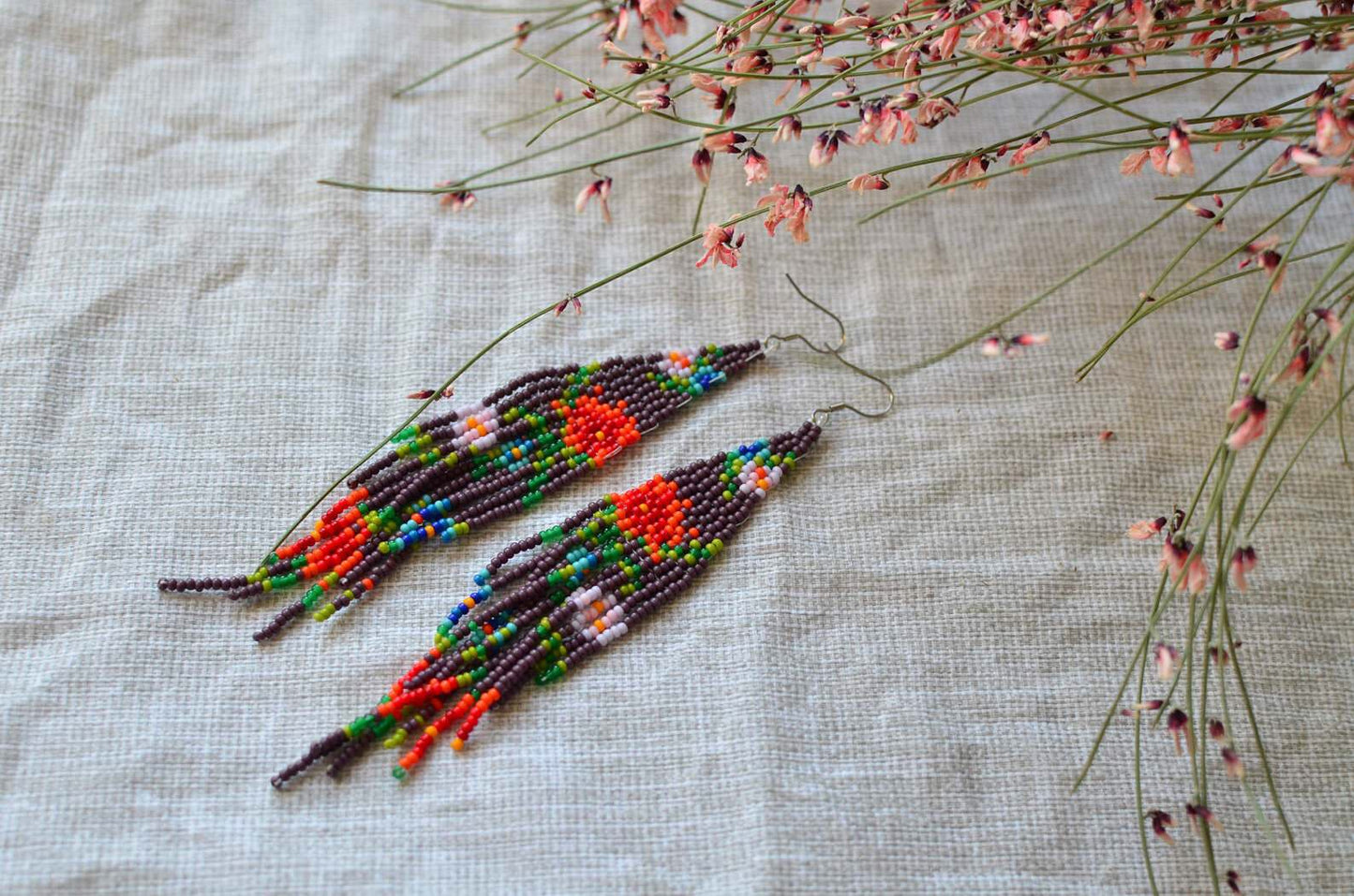 Blossom Flower beaded earrings Fringe gradient earrings Seed bead earrings Beadwork earrings Dangle earrings Long earrings Luxury boho