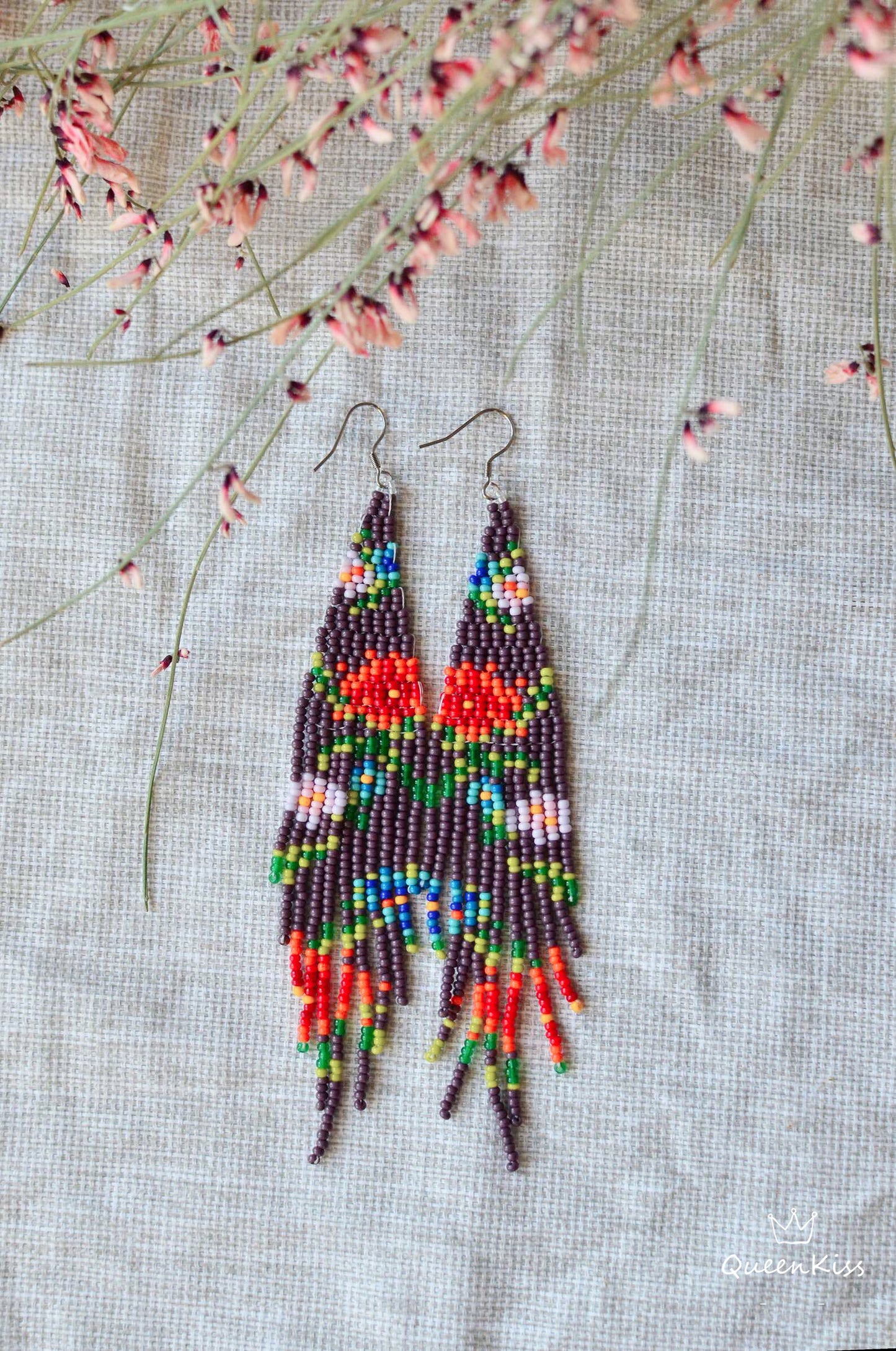 Blossom Flower beaded earrings Fringe gradient earrings Seed bead earrings Beadwork earrings Dangle earrings Long earrings Luxury boho