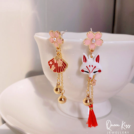 Super Cute Japanese Style Fox and Fan Flower Earrings -- Sakura Foxy!!