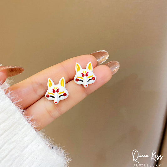 Super Cute Japanese Style Fox and Fan Flower Stud Earrings -- Sakura Foxy!!