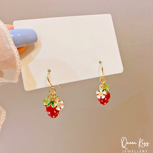 Enamel Adorable Strawberry Red Light Earrings -- Red Dream!!