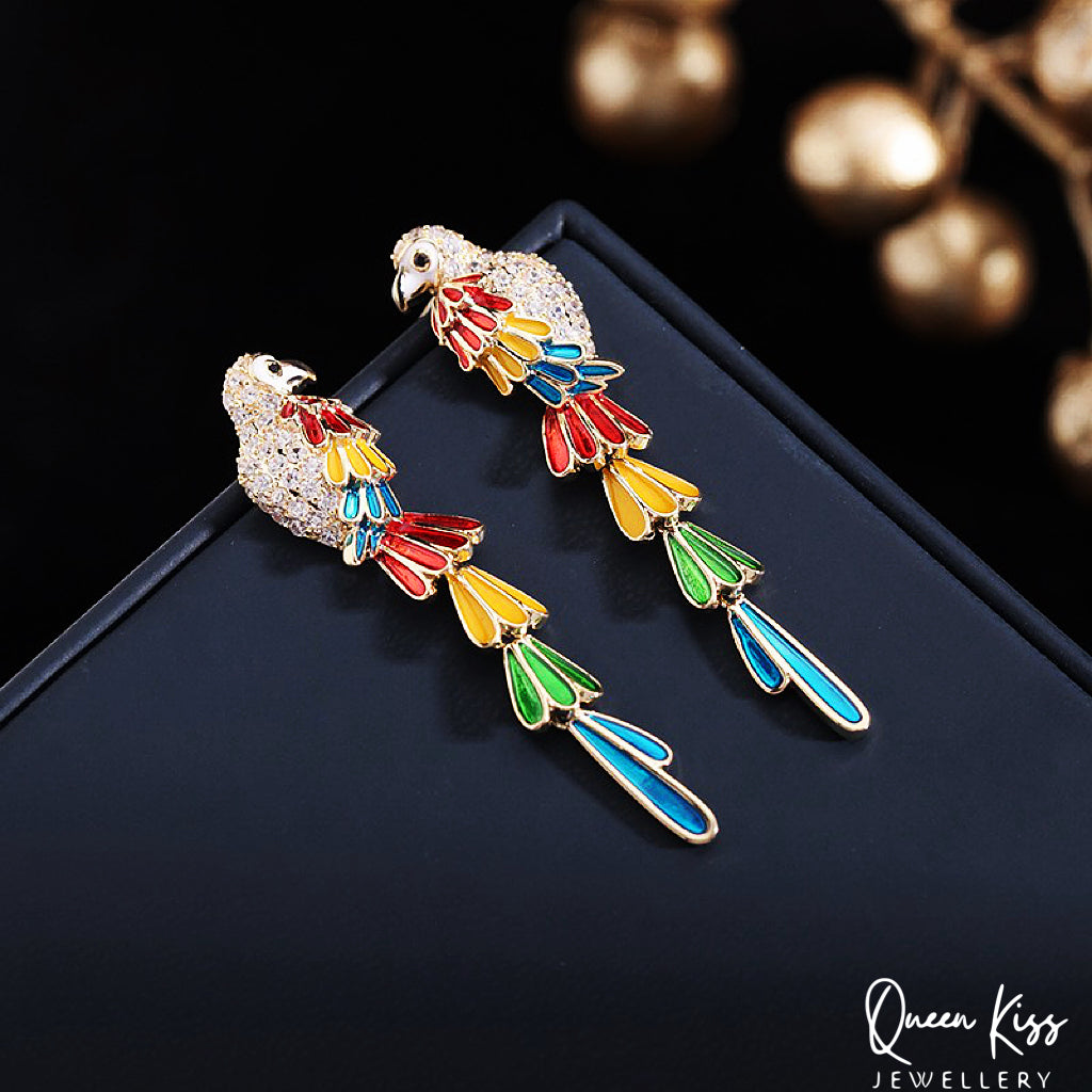 Glaze Sparkling Colorful Parrot Earrings -- Triumph of the jungle!!