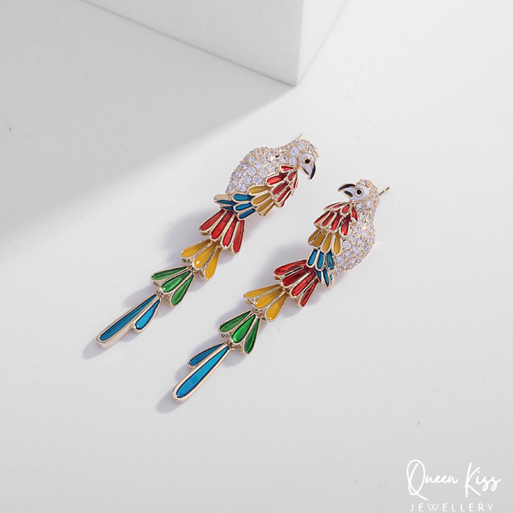 Glaze Sparkling Colorful Parrot Earrings -- Triumph of the jungle!!