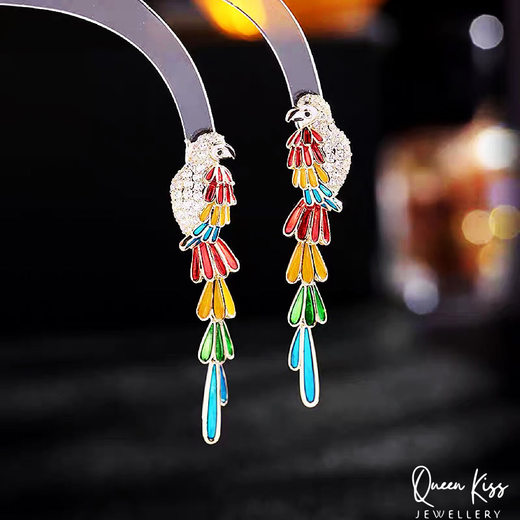 Glaze Sparkling Colorful Parrot Earrings -- Triumph of the jungle!!