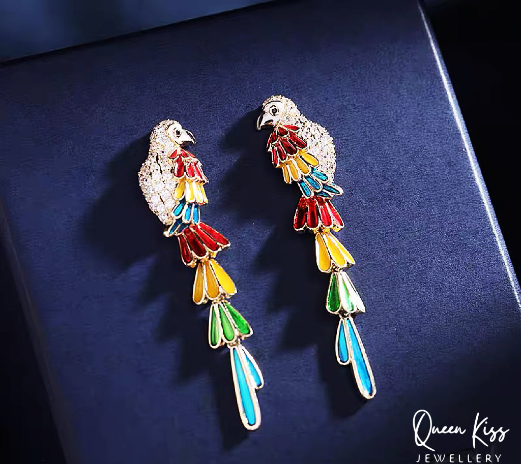 Glaze Sparkling Colorful Parrot Earrings -- Triumph of the jungle!!