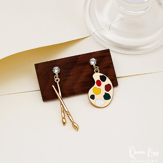 Enamel Adorable Color Palette and Paint Brush Gold Light Earrings -- Paris Paris!!