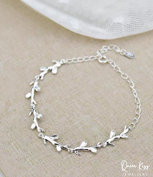 Sterling Silver Tiny Leaves Charm Bracelet Adjustable Length Lovely 925 Sterling Silver Bracelet - Fallen Leaves!