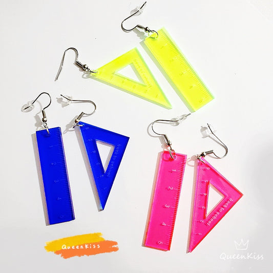 Adorable Triangular Ruler Straight Ruler Three Colors Blue Yellow Pink Light Earrings -- Be Cool Be Good!!