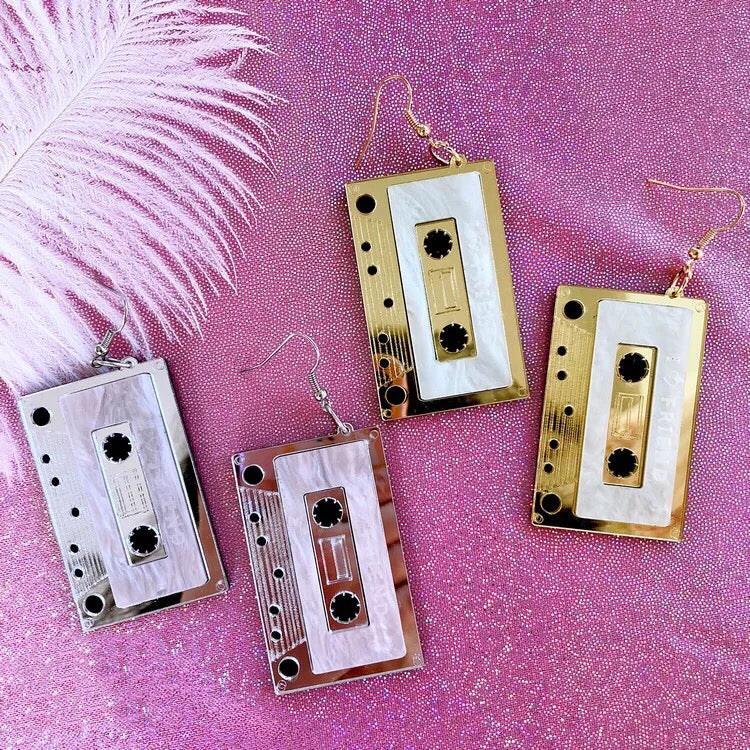 Cute Light Trendy Sexy Eyes Catching Cassette Tape Gold and Silver Earrings - Adorable Girl !!