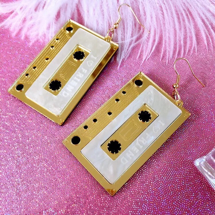 Cute Light Trendy Sexy Eyes Catching Cassette Tape Gold and Silver Earrings - Adorable Girl !!
