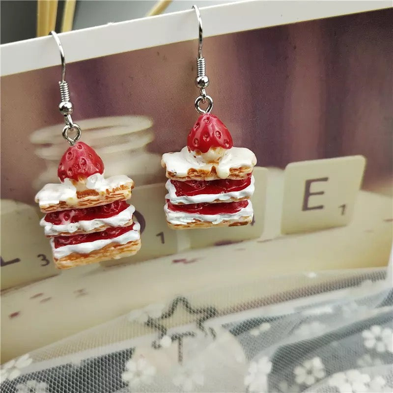 Strawberry Cake Red White Yellow Three Layers Earrings -- Happy Everyday!!