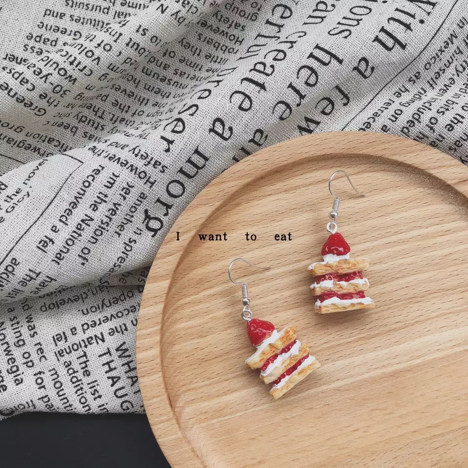 Strawberry Cake Red White Yellow Three Layers Earrings -- Happy Everyday!!