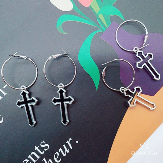 Cool Cross Two Different Pattern Black Cross and Hollow Cross Big Circle Silver Earrings -- Jesus Around you!!