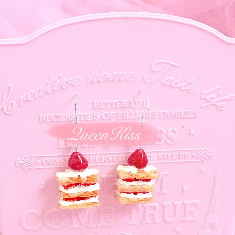 Strawberry Cake Red White Yellow Three Layers Earrings -- Happy Everyday!!