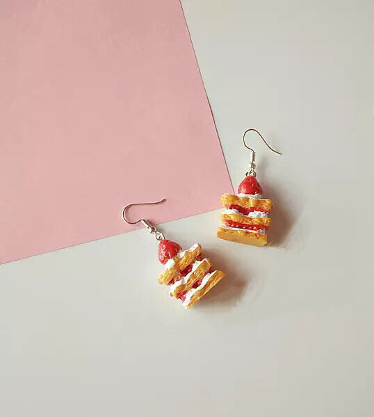 Strawberry Cake Red White Yellow Three Layers Earrings -- Happy Everyday!!