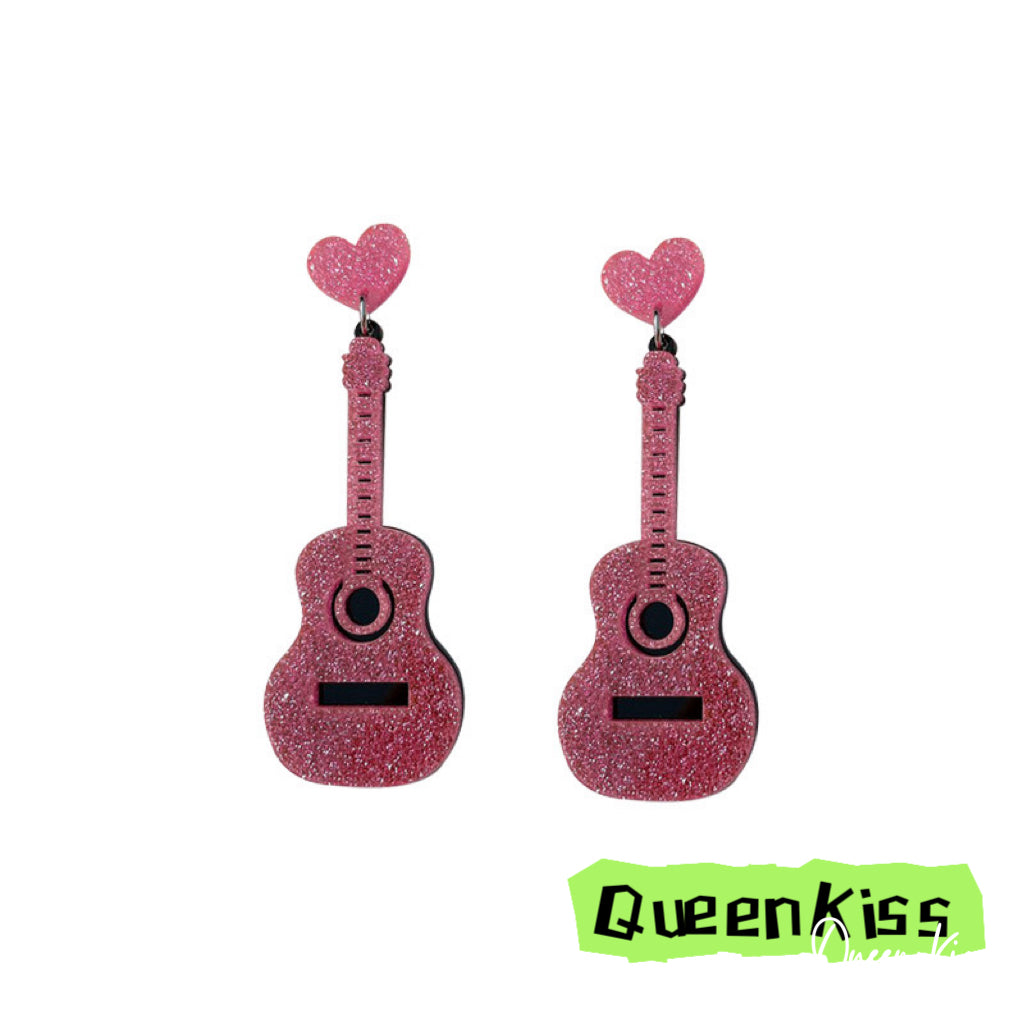 Cute Light Trendy Adorable Acrylic Art Work Pink Guitar and Heart Earrings - Soul Origin!!
