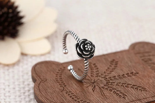 Vintage Rose Floral Flowers Adjustable 925 Sterling Silver Plated Ring