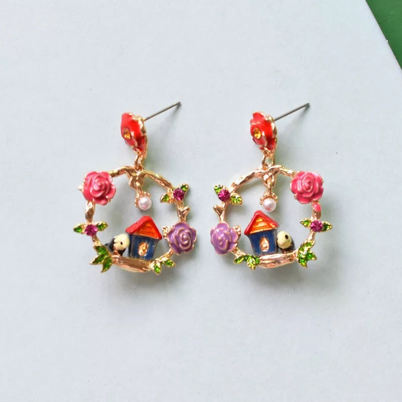Enamel Red Pink Purple Rose Flowers Fancy House Circle Dangle Pearl Earrings -- Family and Love!!