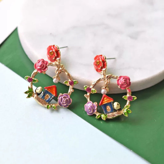 Enamel Red Pink Purple Rose Flowers Fancy House Circle Dangle Pearl Earrings -- Family and Love!!