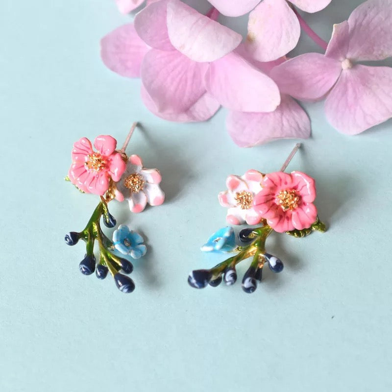 Cute Adorable Enamel Blue White Flower Floral Dangle Sterling Silver Earrings -- Fairy Lady!!