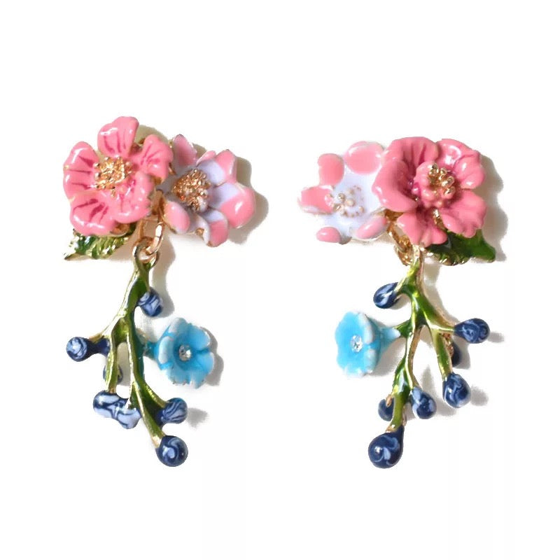 Cute Adorable Enamel Blue White Flower Floral Dangle Sterling Silver Earrings -- Fairy Lady!!