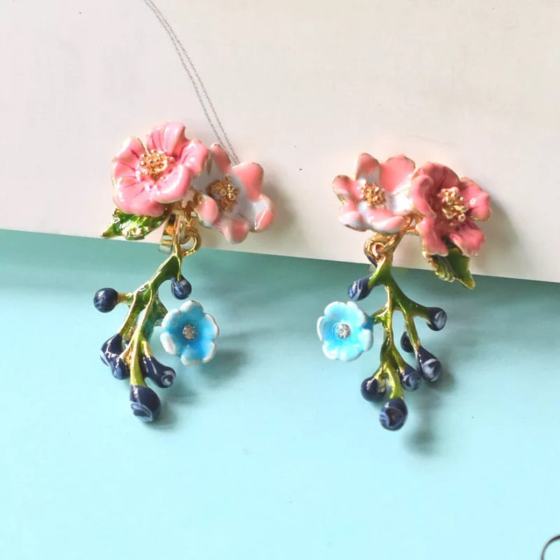 Cute Adorable Enamel Blue White Flower Floral Dangle Sterling Silver Earrings -- Fairy Lady!!