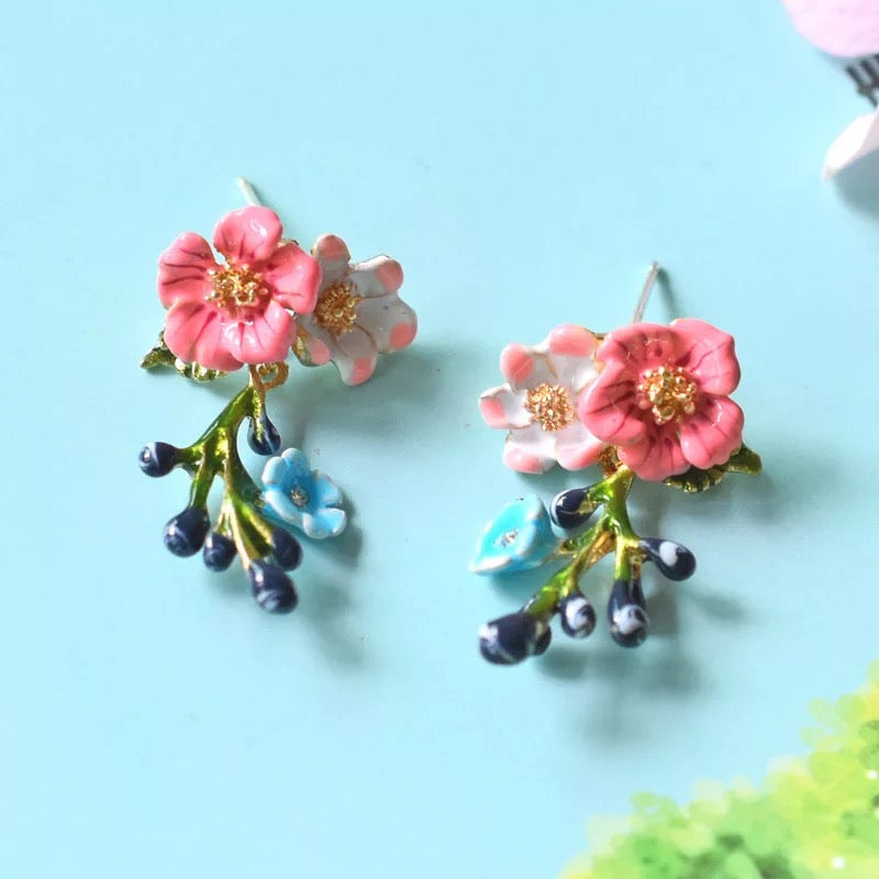 Cute Adorable Enamel Blue White Flower Floral Dangle Sterling Silver Earrings -- Fairy Lady!!