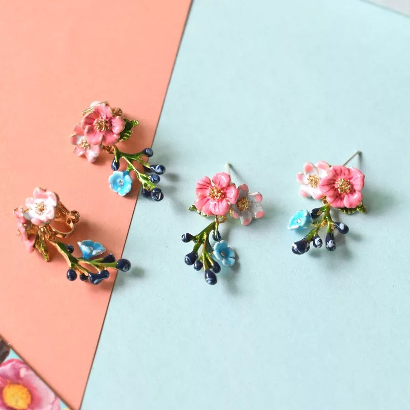 Cute Adorable Enamel Blue White Flower Floral Dangle Sterling Silver Earrings -- Fairy Lady!!