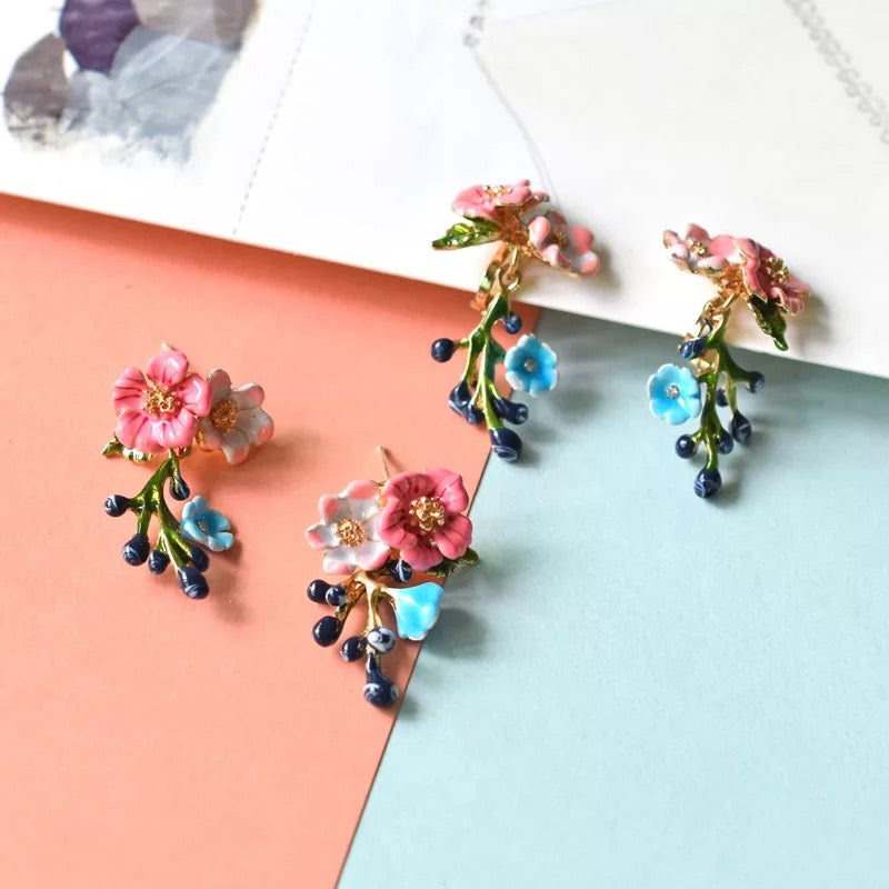 Cute Adorable Enamel Blue White Flower Floral Dangle Sterling Silver Earrings -- Fairy Lady!!