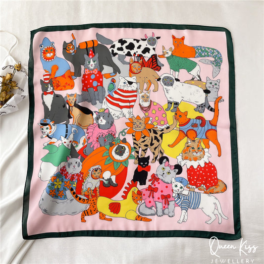 Cats Kitties Silk Feel Scarf Women Square Scarves Gift for her Christmas Gift -- Meowy Tribe