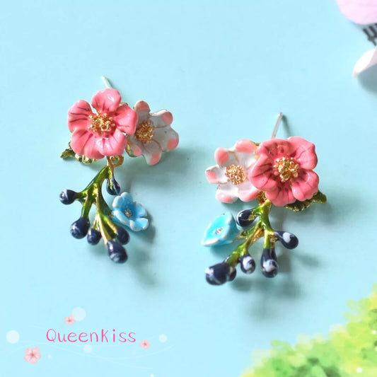 Cute Adorable Enamel Blue White Flower Floral Dangle Sterling Silver Earrings -- Fairy Lady!!