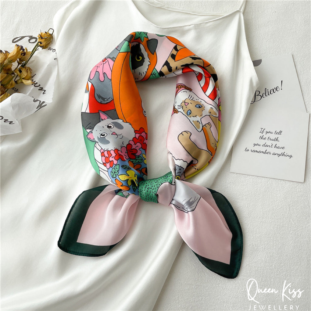 Cats Kitties Silk Feel Scarf Women Square Scarves Gift for her Christmas Gift -- Meowy Tribe