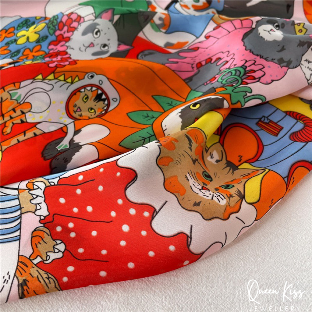 Cats Kitties Silk Feel Scarf Women Square Scarves Gift for her Christmas Gift -- Meowy Tribe