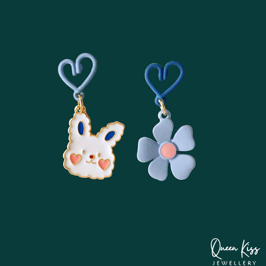 Super Cute Bunny Rabbit and Blue Flower Love Earrings -- I Love You!!