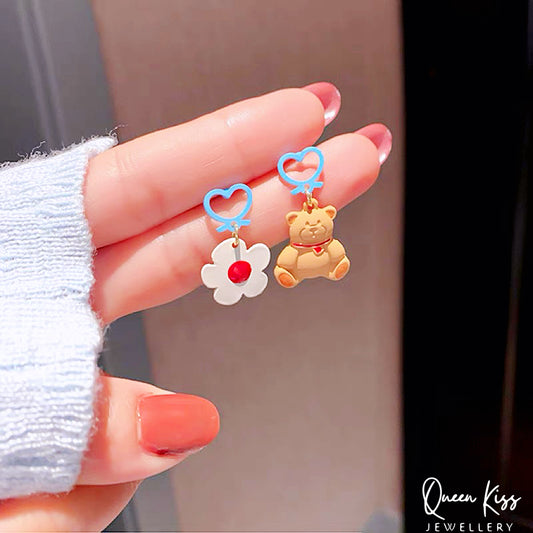 Super Cute Bear and White Flower Love Earrings -- I Love You!!