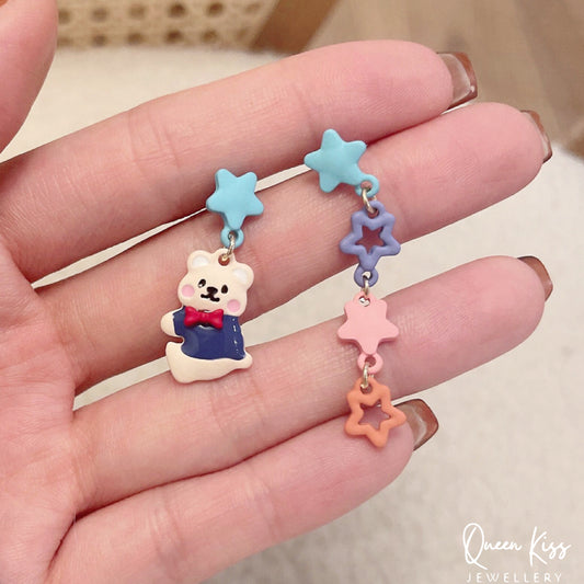 Super Cute Bear and Stars Blue Peach Yellow Earrings -- Cutie Baby!!
