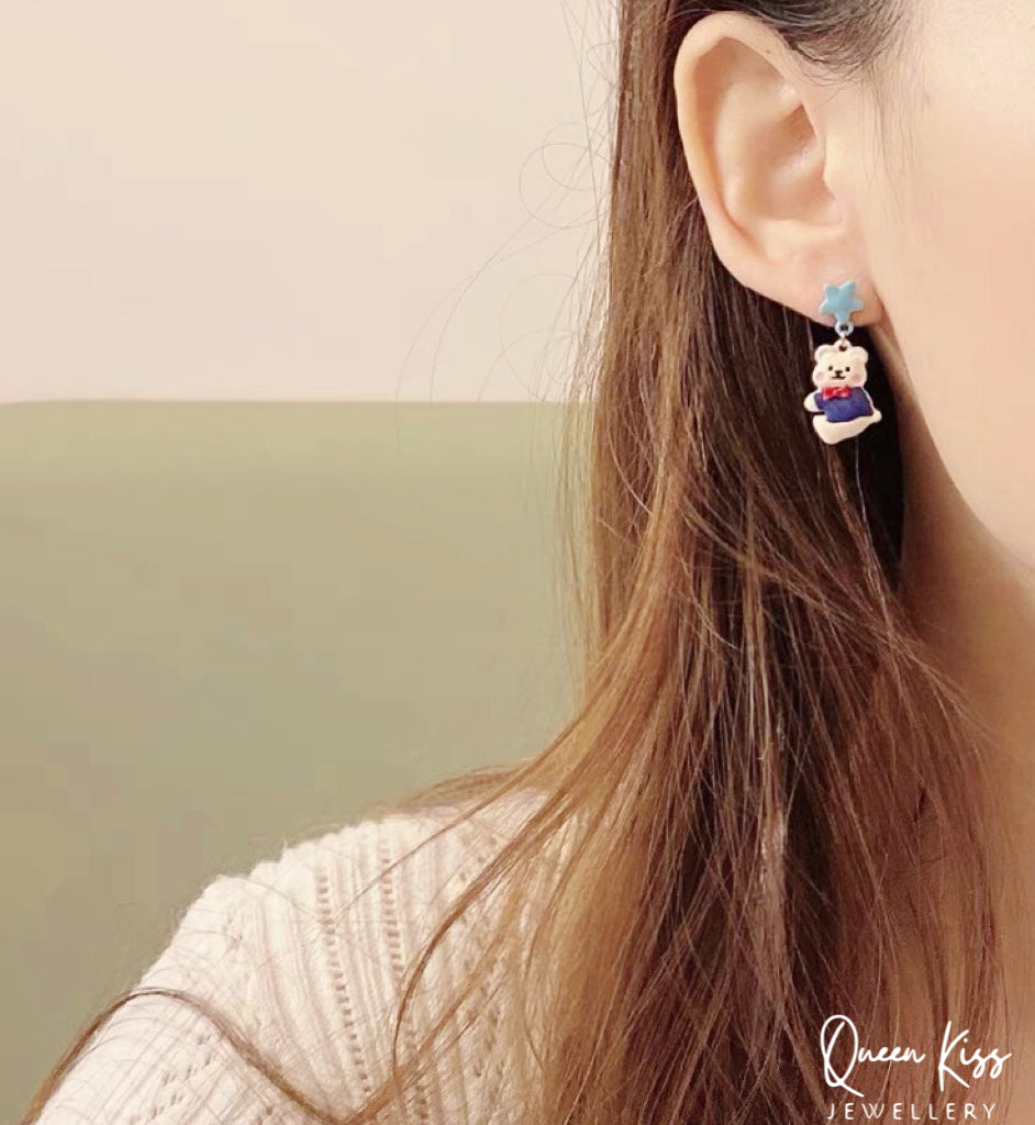 Super Cute Bear and Stars Blue Peach Yellow Earrings -- Cutie Baby!!