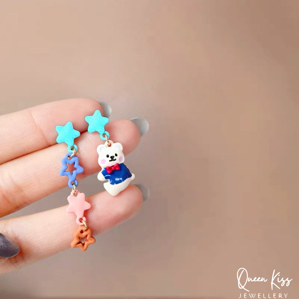 Super Cute Bear and Stars Blue Peach Yellow Earrings -- Cutie Baby!!