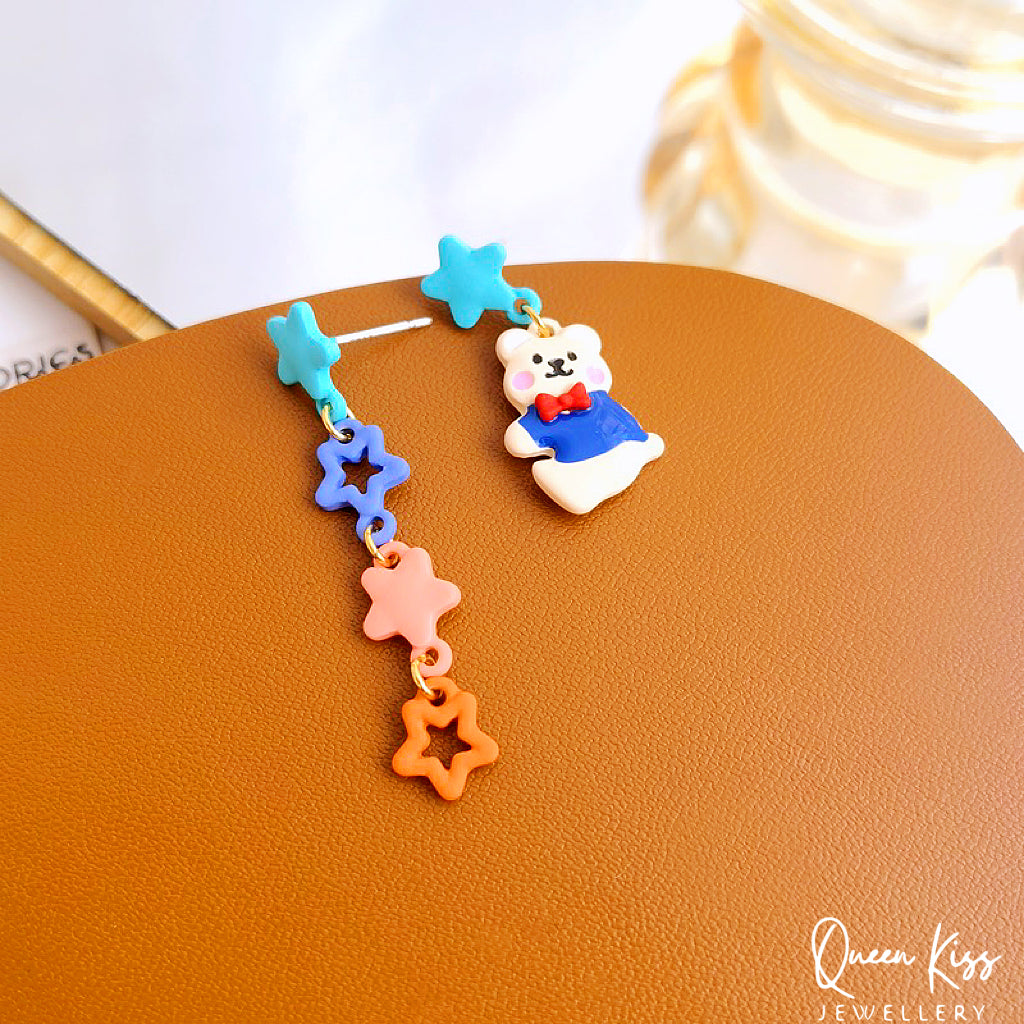 Super Cute Bear and Stars Blue Peach Yellow Earrings -- Cutie Baby!!