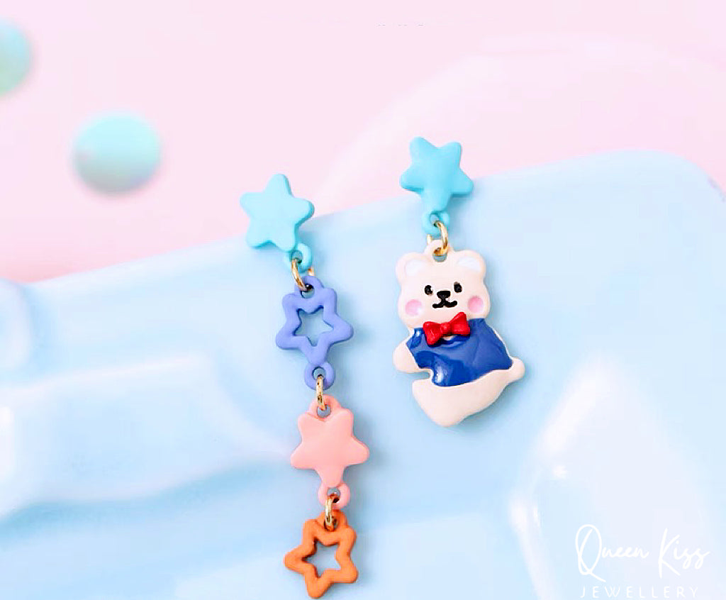 Super Cute Bear and Stars Blue Peach Yellow Earrings -- Cutie Baby!!