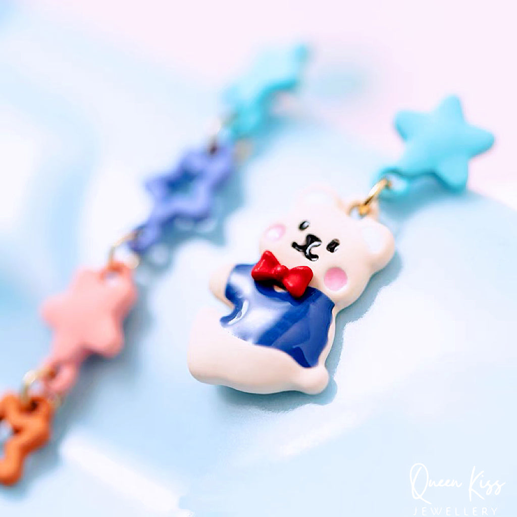 Super Cute Bear and Stars Blue Peach Yellow Earrings -- Cutie Baby!!