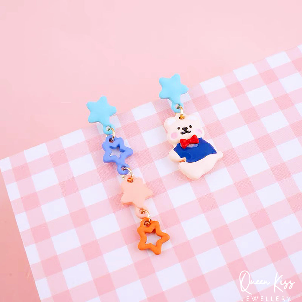 Super Cute Bear and Stars Blue Peach Yellow Earrings -- Cutie Baby!!