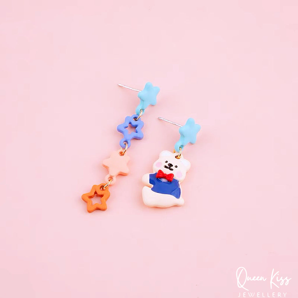 Super Cute Bear and Stars Blue Peach Yellow Earrings -- Cutie Baby!!