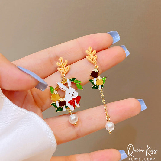 Super Cute Bunny Rabbit and Mushroom Leaves Earrings -- Stuck On You!!