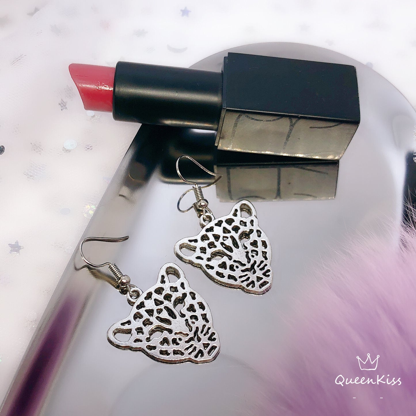 Jaguar Panther Leopard Silver Hollow Earrings -- The Silver Panthers!!